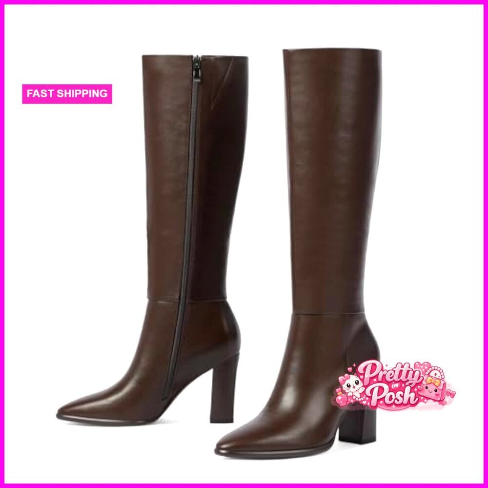Knee High Boots with Chunky Heel Pointed Toe Faux Leather Side Zipper - Picture 5 of 7